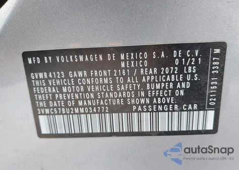 2021 Volkswagen Jetta 1.4T R-Line/1.4T S/1.4T Se из США, поврежденный, VIN 3VWC57BU2MM034772